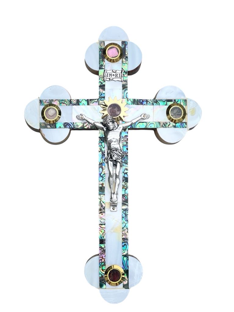 Decorative crucifix with colorful accents.