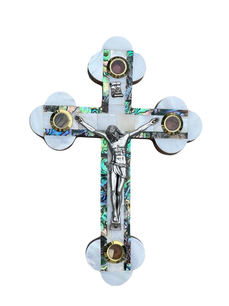 Decorative crucifix with abalone shell accents.