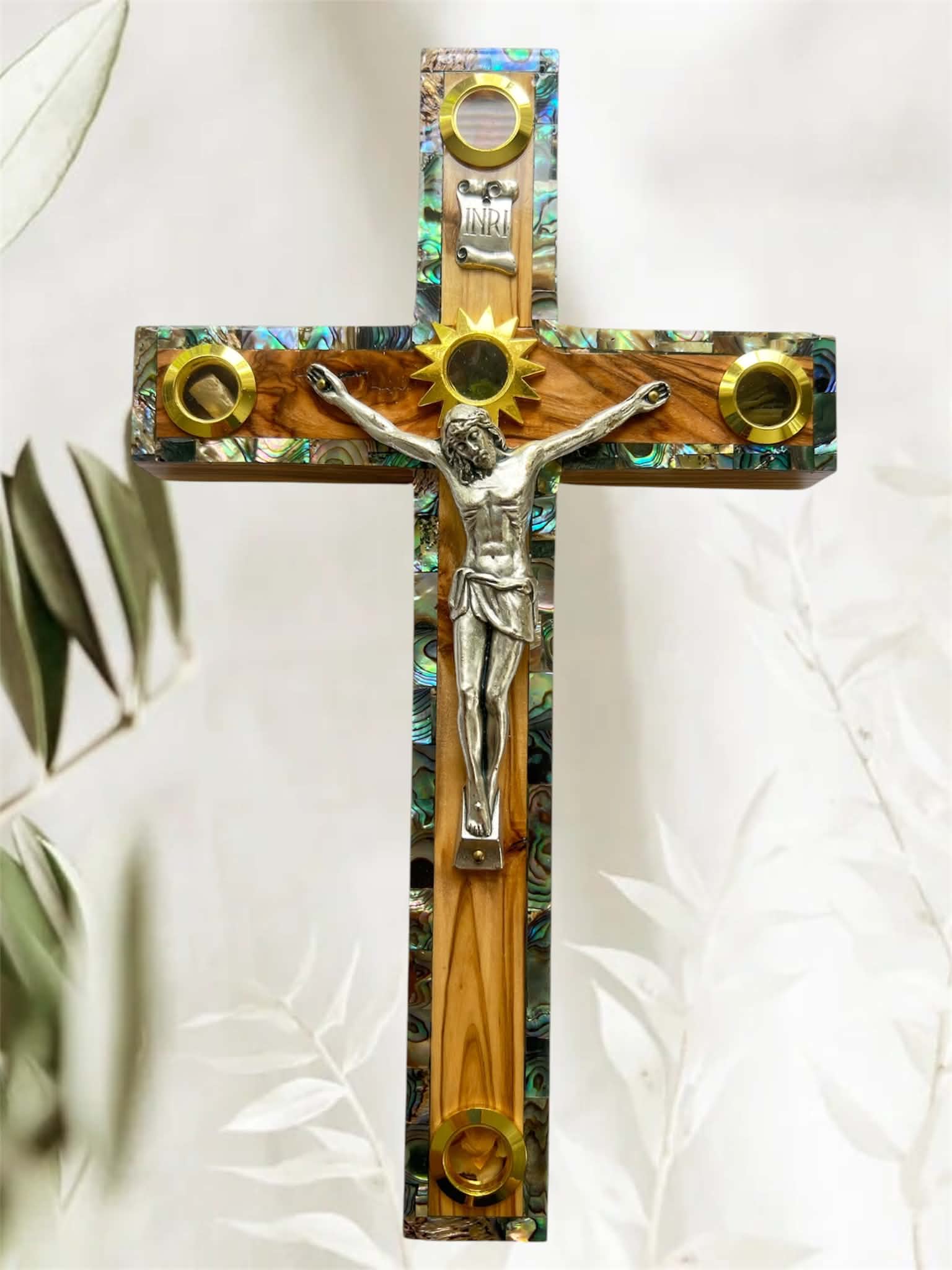 Latin D. Crucifix 25 cm - decorative Abalone Line w/the Holy Land Elements