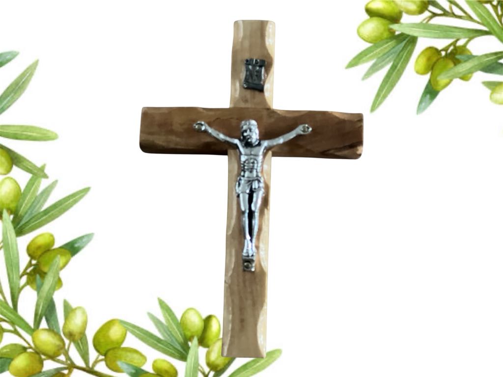 Wooden crucifix with olive branch decoration.