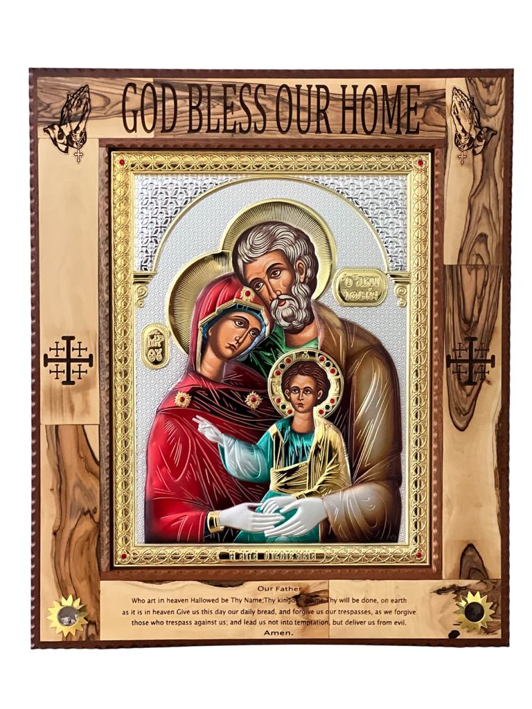 Holy Family Plaque Silver and olive wood frame - XLarge